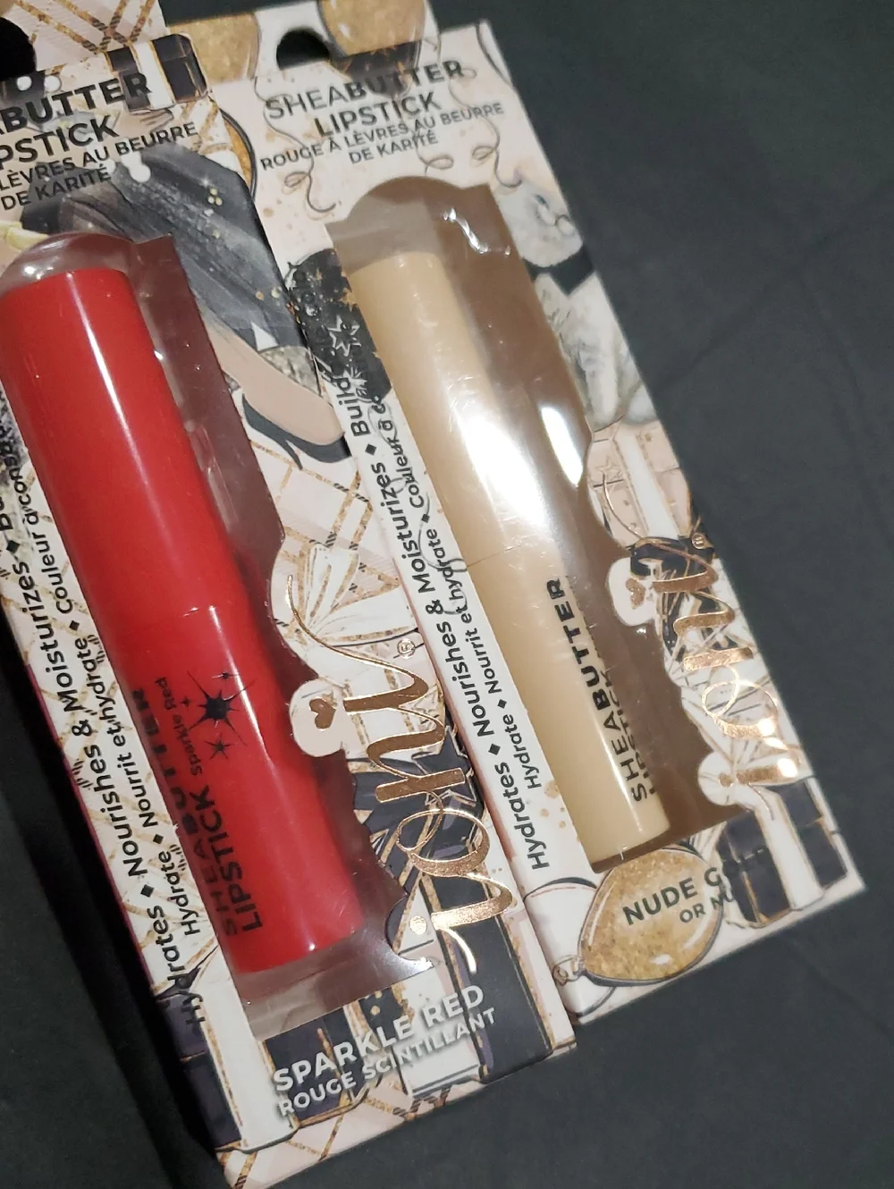 2pack shea‎ butter nude gold and sparkle red lipsticks brand new